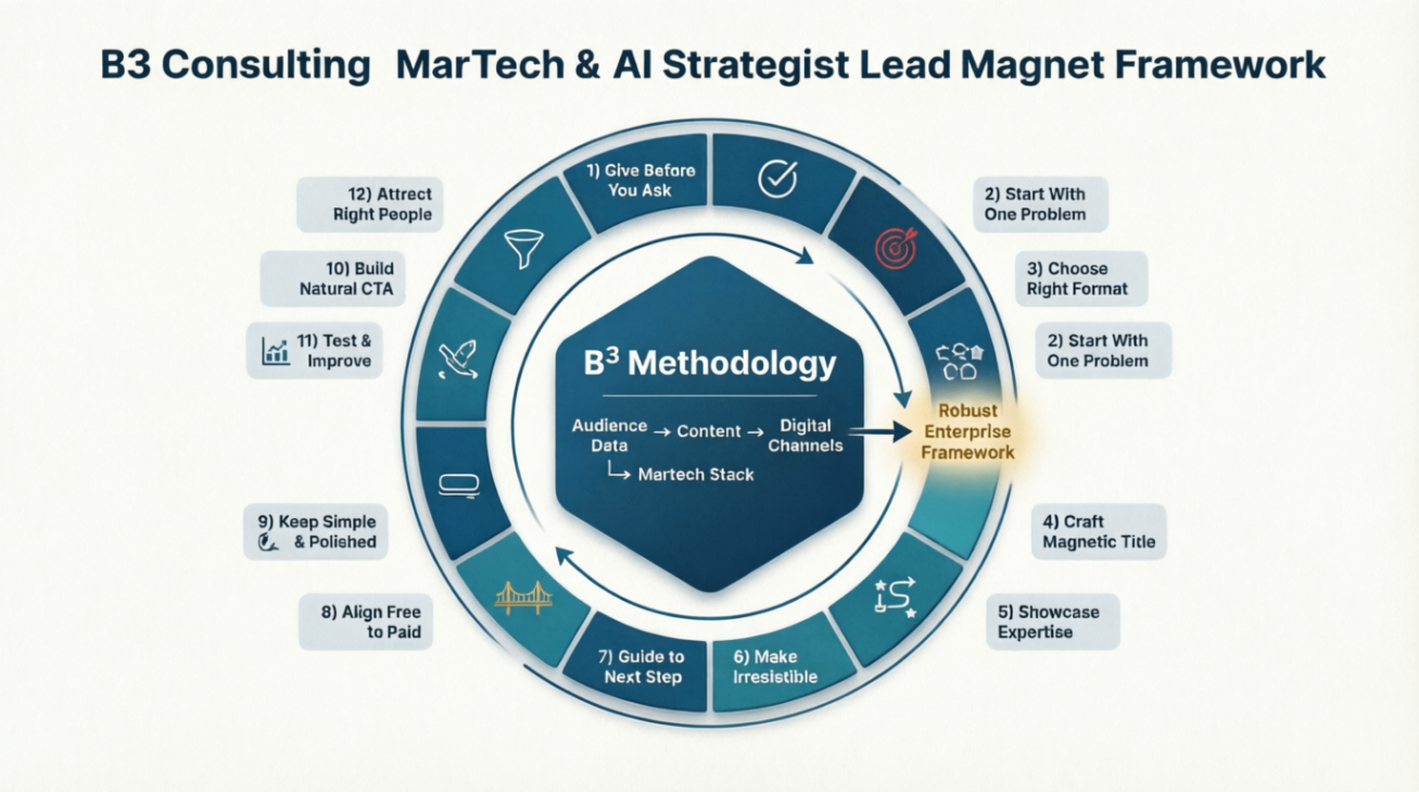 B³ Consulting MarTech and AI Strategist Lead Magnet Framework — B³'s 12-phase methodology diagram
